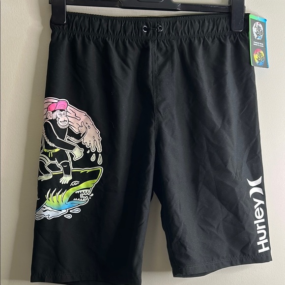 Hurley Boys Black Board Shorts with Graphic‎ Design size large NWT - Picture 1 of 7